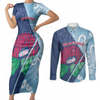 New South Wales Oztag Custom Couples Matching Short Sleeve Bodycon Dress and Long Sleeve Button Shirt NSW Waratah Indigenous Art
