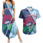 New South Wales Oztag Custom Couples Matching Summer Maxi Dress and Hawaiian Shirt NSW Waratah Indigenous Art
