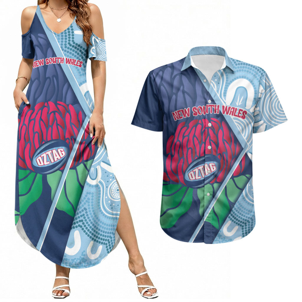 New South Wales Oztag Custom Couples Matching Summer Maxi Dress and Hawaiian Shirt NSW Waratah Indigenous Art