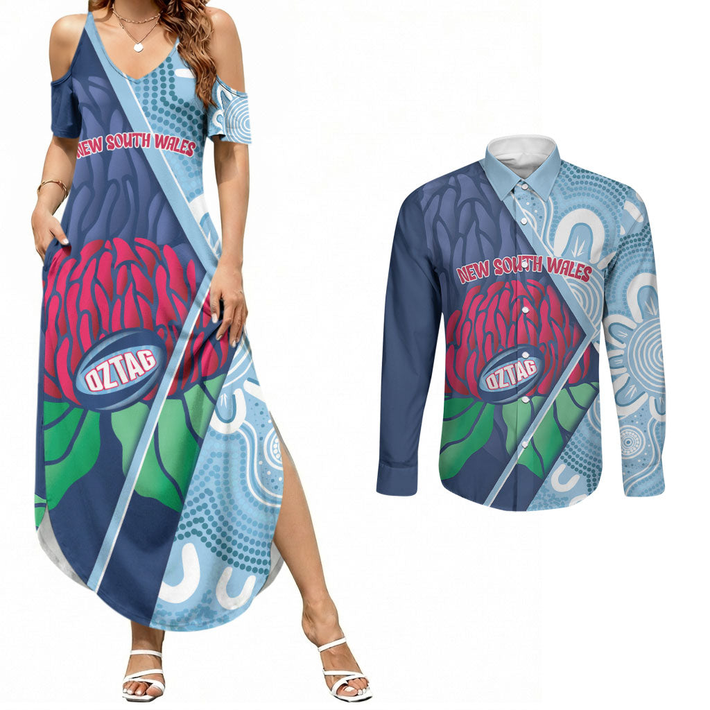 New South Wales Oztag Custom Couples Matching Summer Maxi Dress and Long Sleeve Button Shirt NSW Waratah Indigenous Art
