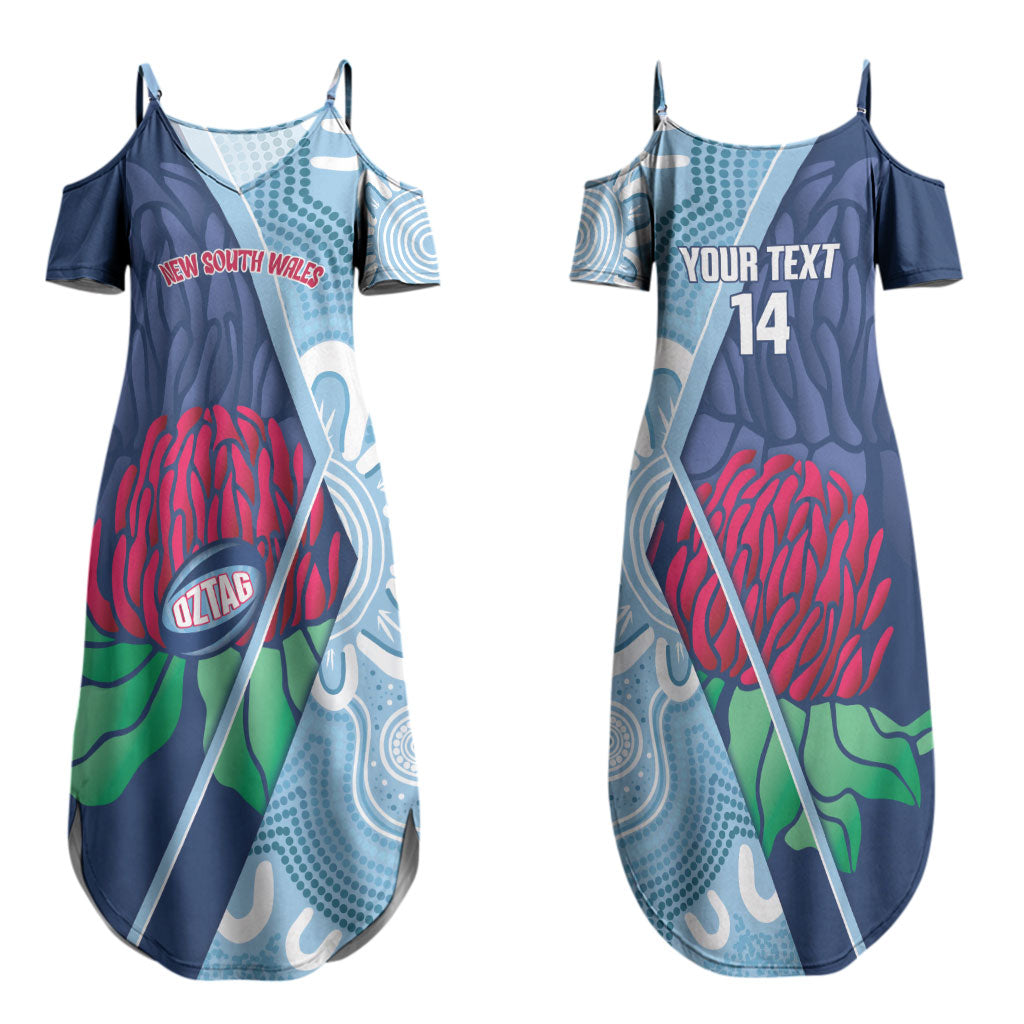 New South Wales Oztag Custom Couples Matching Summer Maxi Dress and Long Sleeve Button Shirt NSW Waratah Indigenous Art
