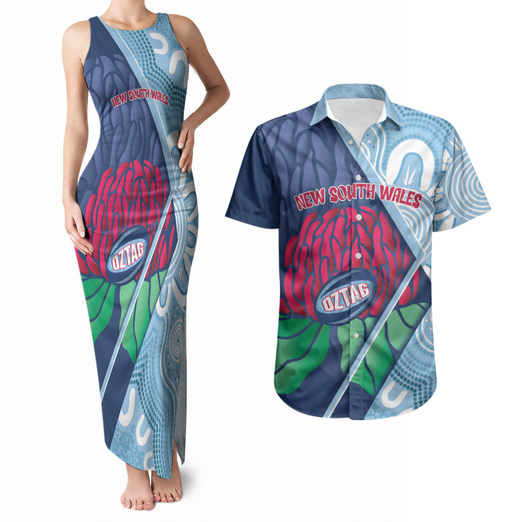 New South Wales Oztag Custom Couples Matching Tank Maxi Dress and Hawaiian Shirt NSW Waratah Indigenous Art