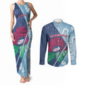 New South Wales Oztag Custom Couples Matching Tank Maxi Dress and Long Sleeve Button Shirt NSW Waratah Indigenous Art