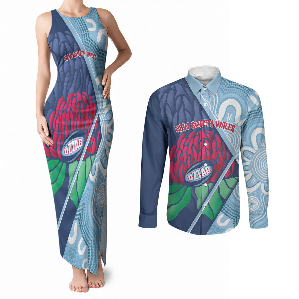 New South Wales Oztag Custom Couples Matching Tank Maxi Dress and Long Sleeve Button Shirt NSW Waratah Indigenous Art