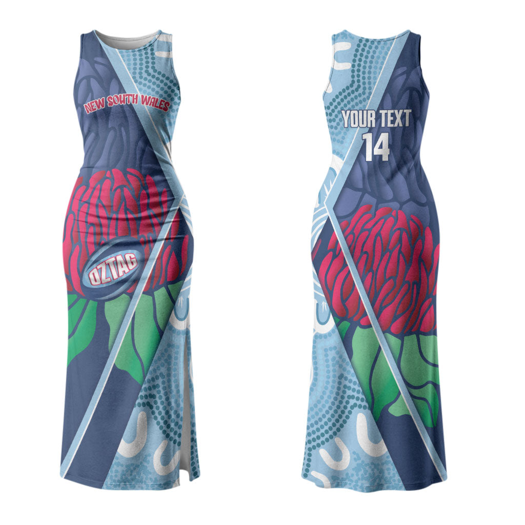 New South Wales Oztag Custom Couples Matching Tank Maxi Dress and Long Sleeve Button Shirt NSW Waratah Indigenous Art