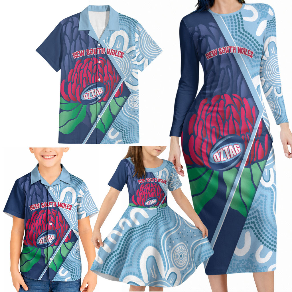 New South Wales Oztag Custom Family Matching Long Sleeve Bodycon Dress and Hawaiian Shirt NSW Waratah Indigenous Art
