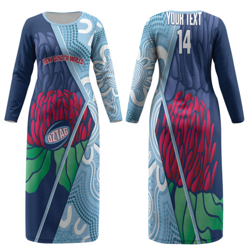 New South Wales Oztag Custom Family Matching Long Sleeve Bodycon Dress and Hawaiian Shirt NSW Waratah Indigenous Art