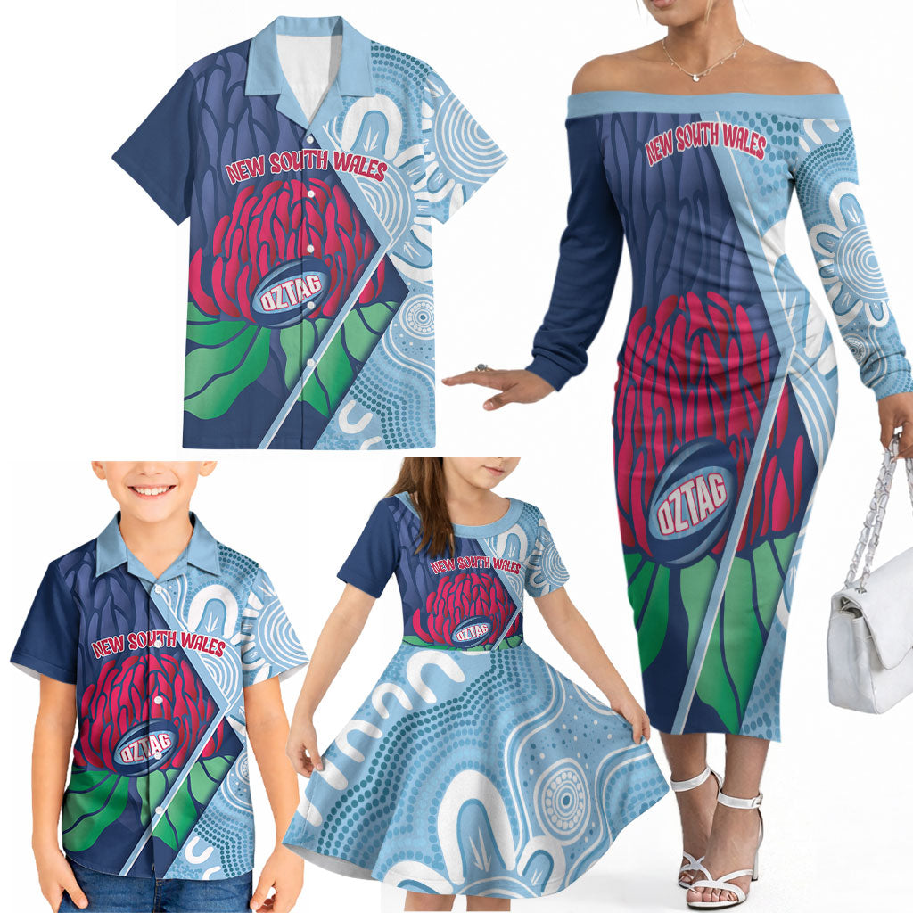 New South Wales Oztag Custom Family Matching Off The Shoulder Long Sleeve Dress and Hawaiian Shirt NSW Waratah Indigenous Art