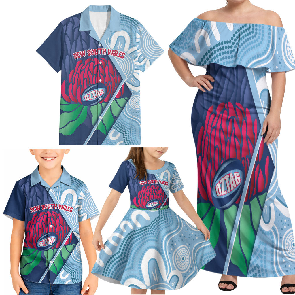 New South Wales Oztag Custom Family Matching Off Shoulder Maxi Dress and Hawaiian Shirt NSW Waratah Indigenous Art