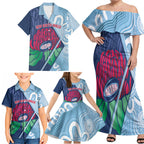 New South Wales Oztag Custom Family Matching Off Shoulder Maxi Dress and Hawaiian Shirt NSW Waratah Indigenous Art