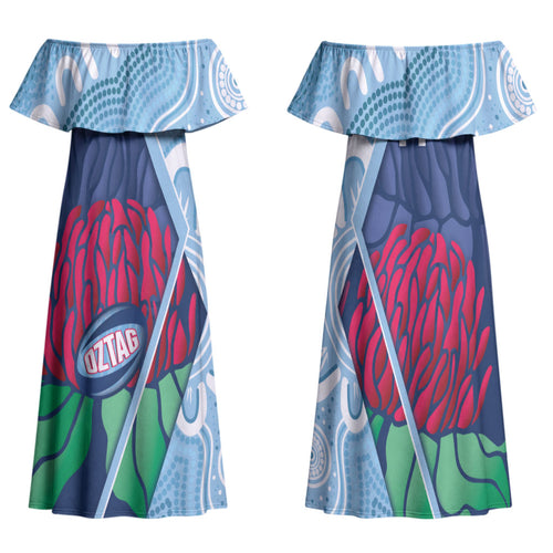 New South Wales Oztag Custom Family Matching Off Shoulder Maxi Dress and Hawaiian Shirt NSW Waratah Indigenous Art