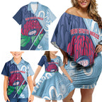 New South Wales Oztag Custom Family Matching Off Shoulder Short Dress and Hawaiian Shirt NSW Waratah Indigenous Art