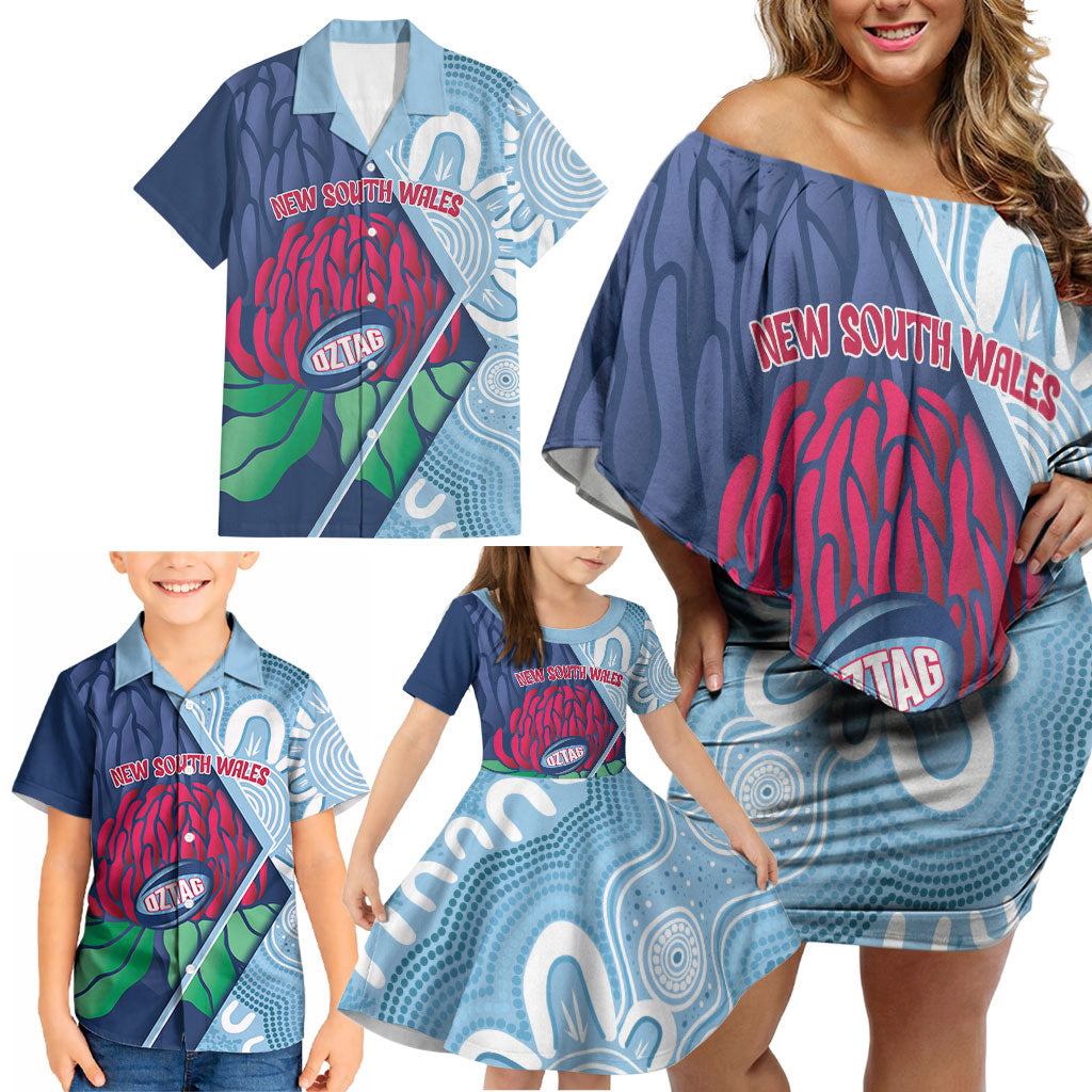 New South Wales Oztag Custom Family Matching Off Shoulder Short Dress and Hawaiian Shirt NSW Waratah Indigenous Art