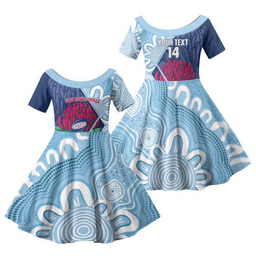 New South Wales Oztag Custom Family Matching Off Shoulder Short Dress and Hawaiian Shirt NSW Waratah Indigenous Art