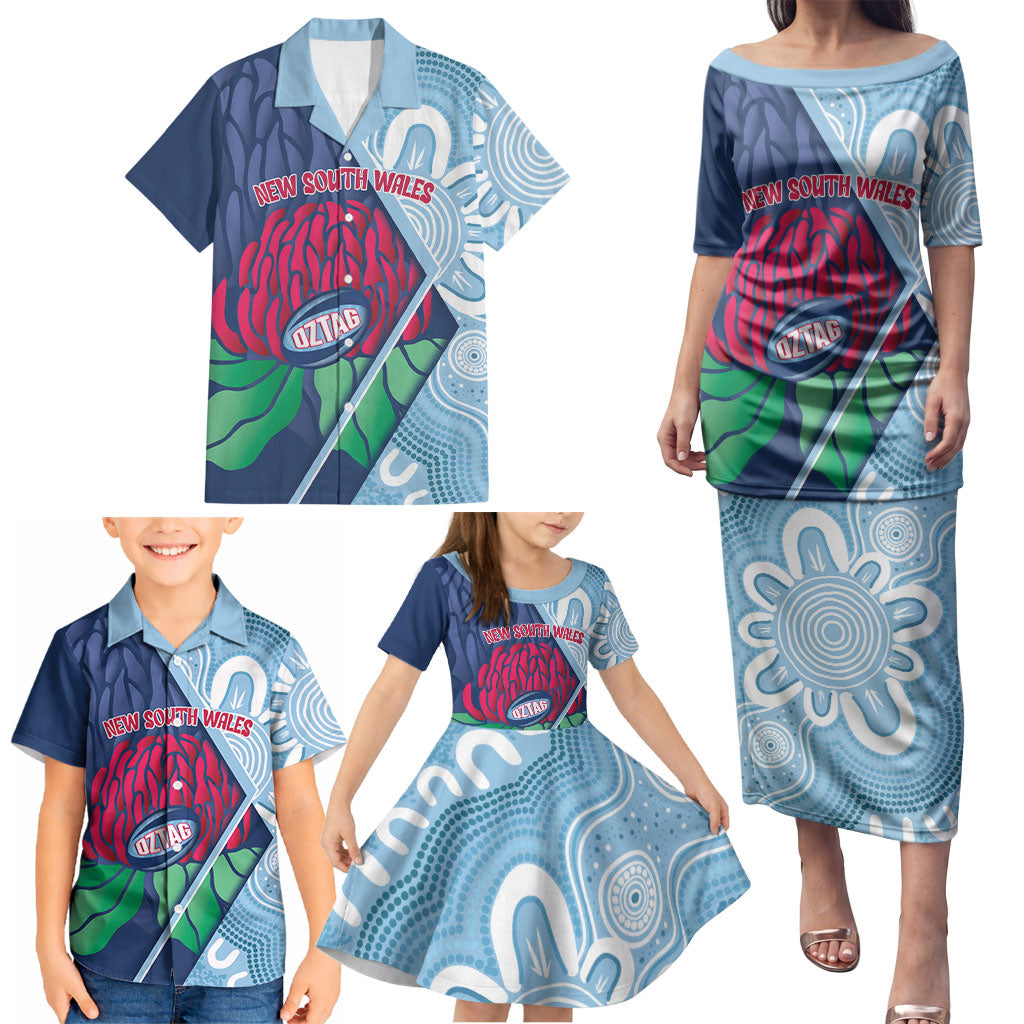 New South Wales Oztag Custom Family Matching Puletasi and Hawaiian Shirt NSW Waratah Indigenous Art