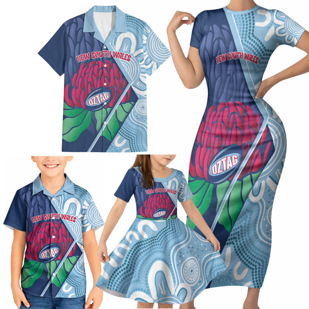New South Wales Oztag Custom Family Matching Short Sleeve Bodycon Dress and Hawaiian Shirt NSW Waratah Indigenous Art