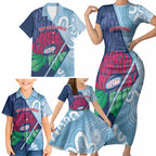 New South Wales Oztag Custom Family Matching Short Sleeve Bodycon Dress and Hawaiian Shirt NSW Waratah Indigenous Art