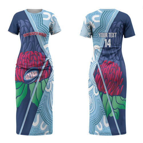 New South Wales Oztag Custom Family Matching Short Sleeve Bodycon Dress and Hawaiian Shirt NSW Waratah Indigenous Art