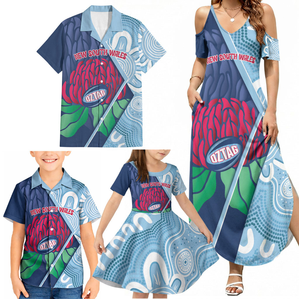 New South Wales Oztag Custom Family Matching Summer Maxi Dress and Hawaiian Shirt NSW Waratah Indigenous Art