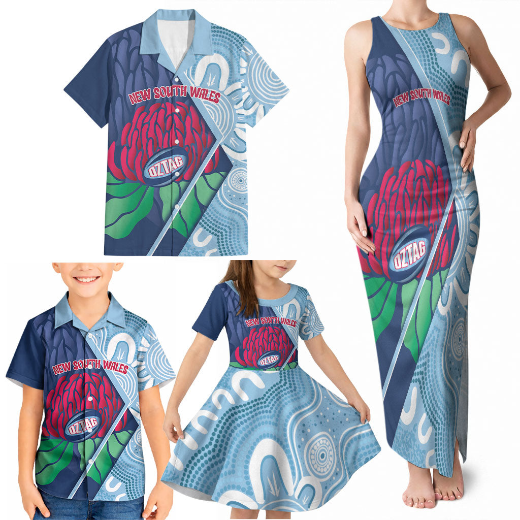 New South Wales Oztag Custom Family Matching Tank Maxi Dress and Hawaiian Shirt NSW Waratah Indigenous Art