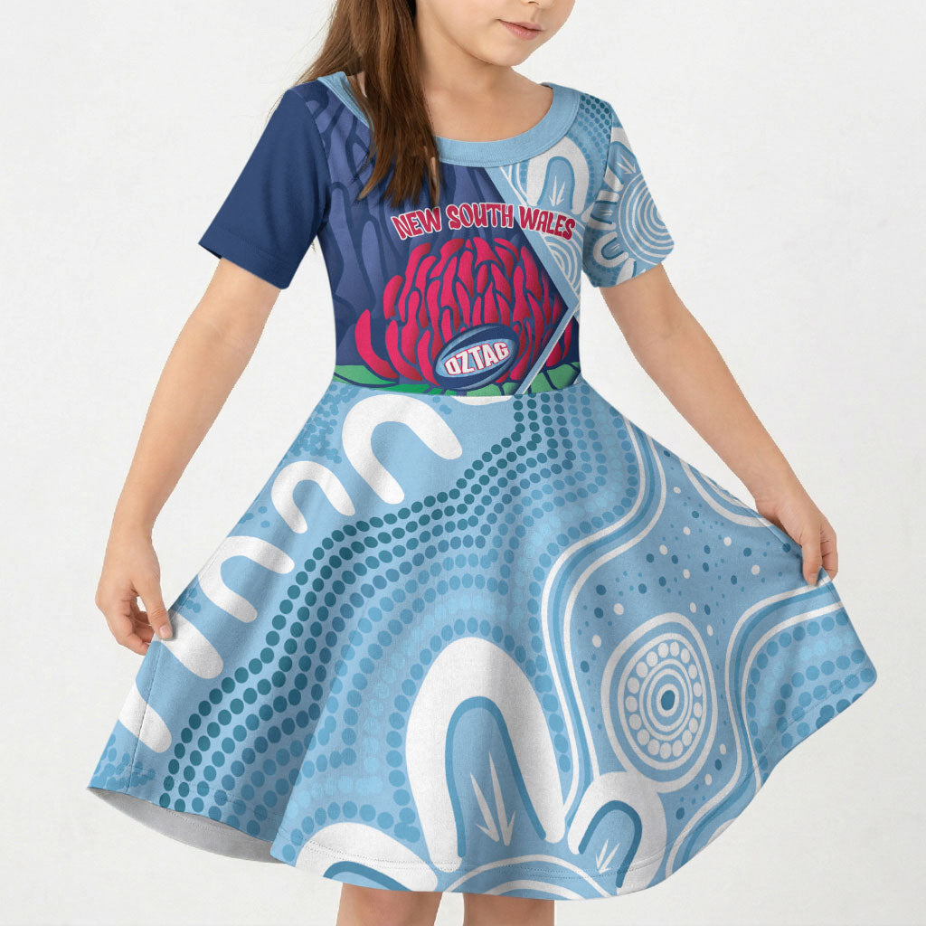 New South Wales Oztag Custom Kid Short Sleeve Dress NSW Waratah Indigenous Art