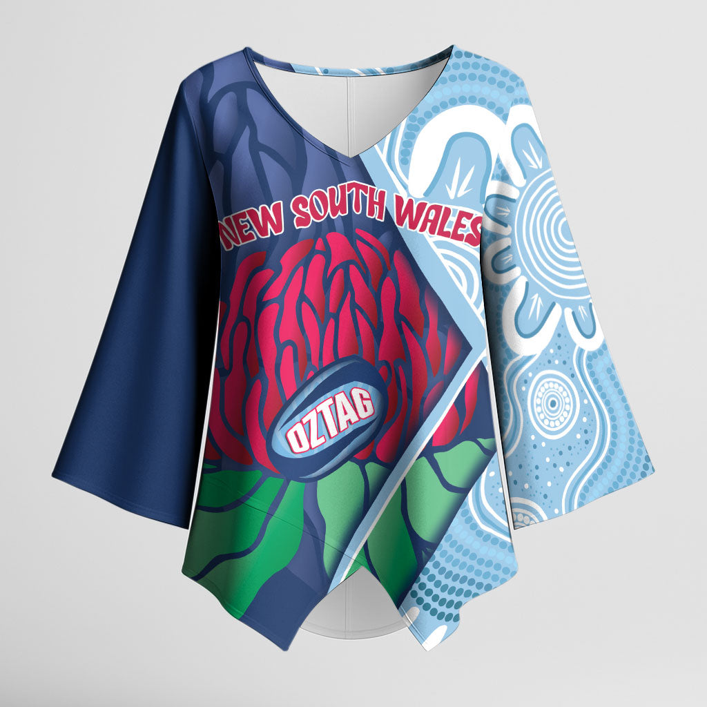 New South Wales Oztag Custom Kimono Sleeve Blouse NSW Waratah Indigenous Art
