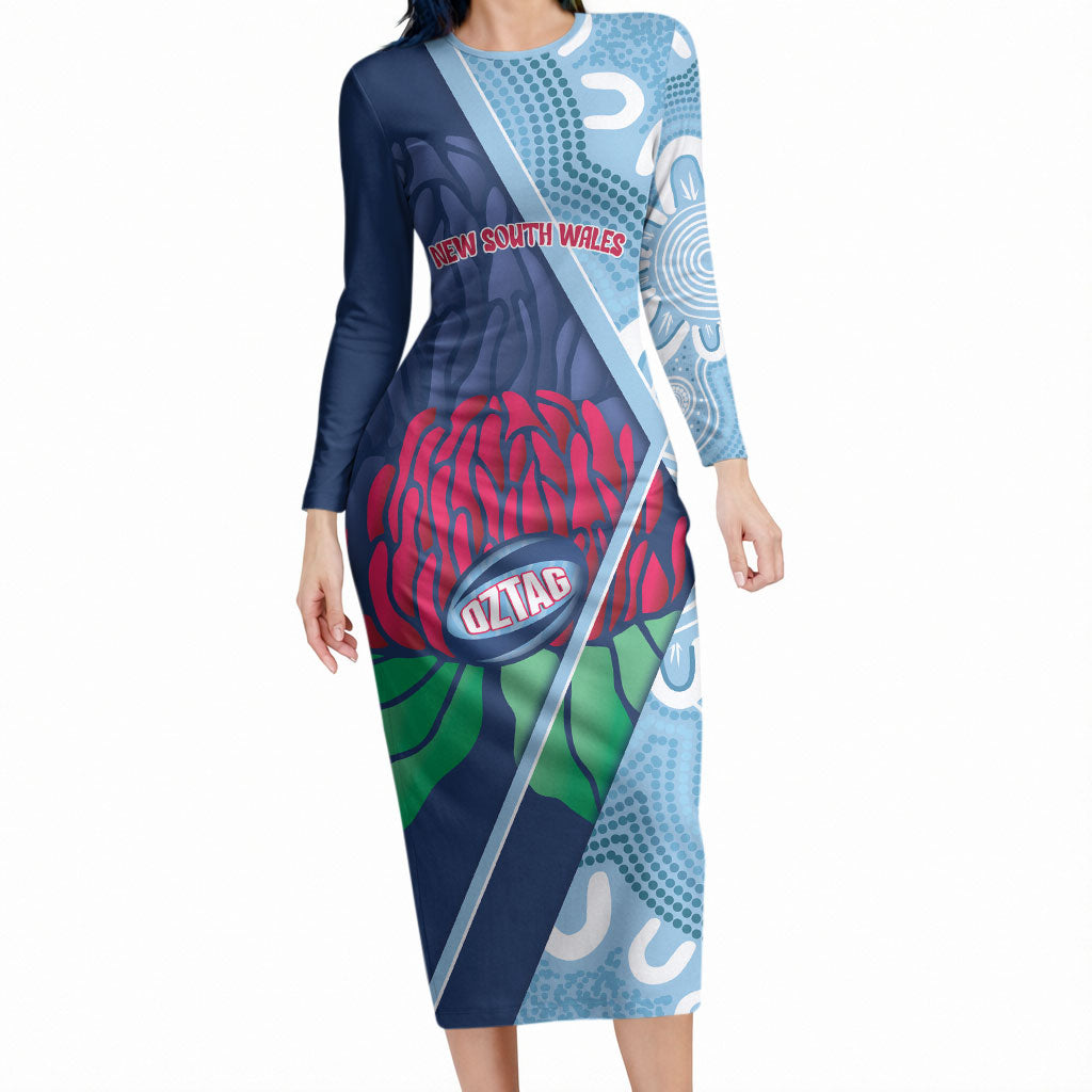 New South Wales Oztag Custom Long Sleeve Bodycon Dress NSW Waratah Indigenous Art