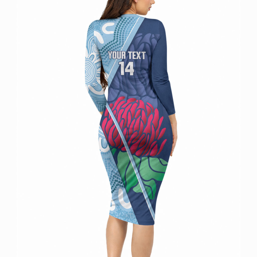 New South Wales Oztag Custom Long Sleeve Bodycon Dress NSW Waratah Indigenous Art