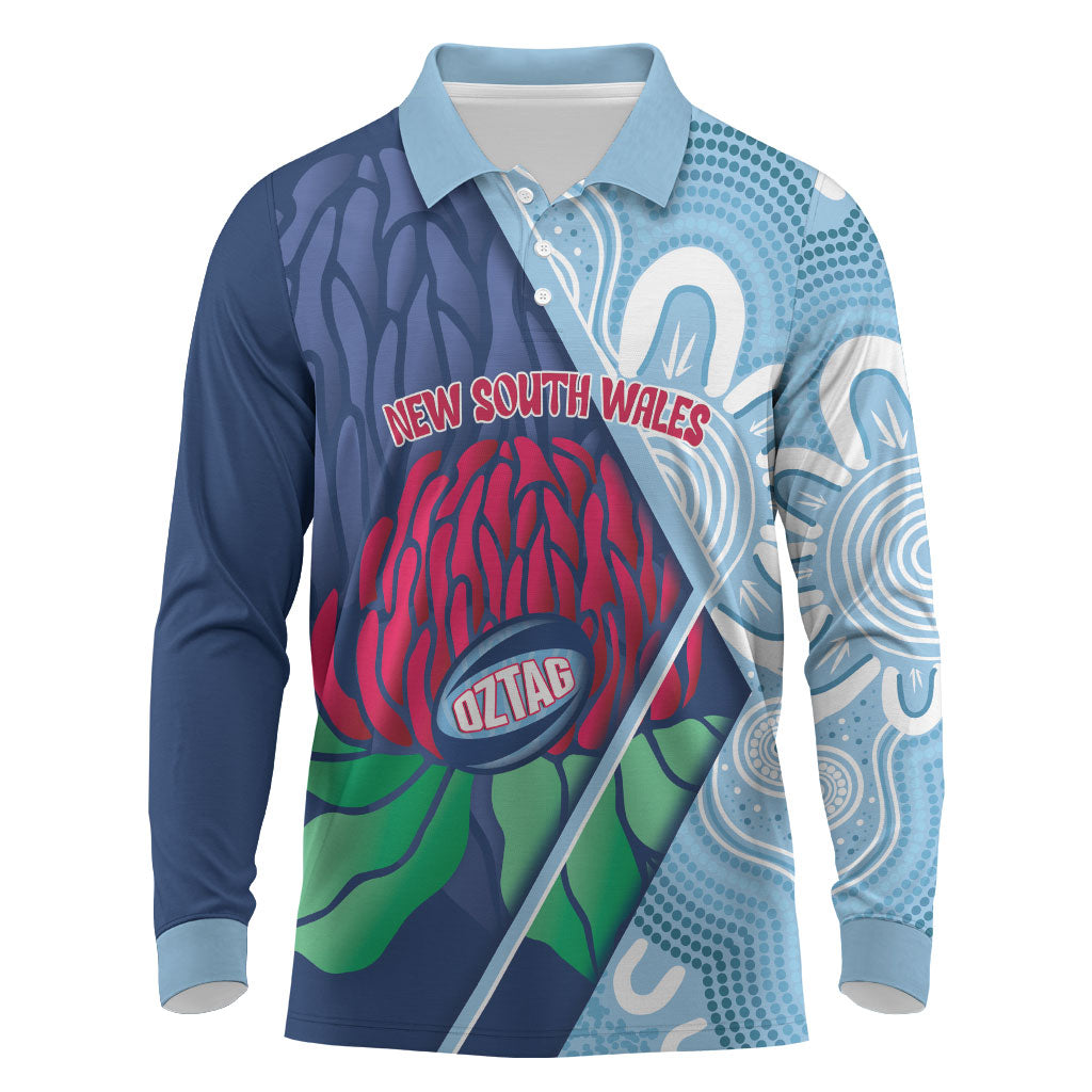 New South Wales Oztag Custom Long Sleeve Polo Shirt NSW Waratah Indigenous Art