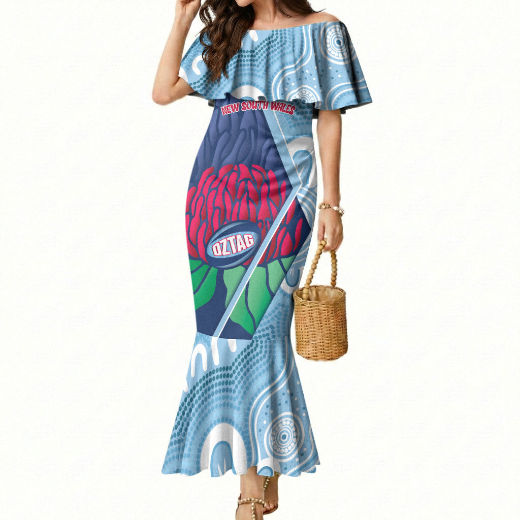 New South Wales Oztag Custom Mermaid Dress NSW Waratah Indigenous Art