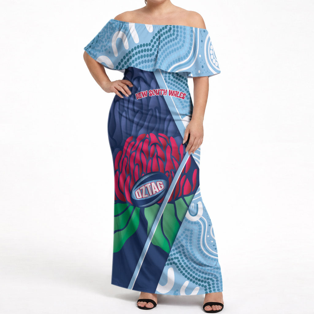 New South Wales Oztag Custom Off Shoulder Maxi Dress NSW Waratah Indigenous Art