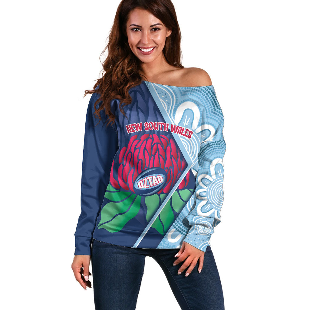 New South Wales Oztag Custom Off Shoulder Sweater NSW Waratah Indigenous Art