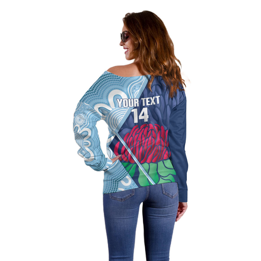 New South Wales Oztag Custom Off Shoulder Sweater NSW Waratah Indigenous Art