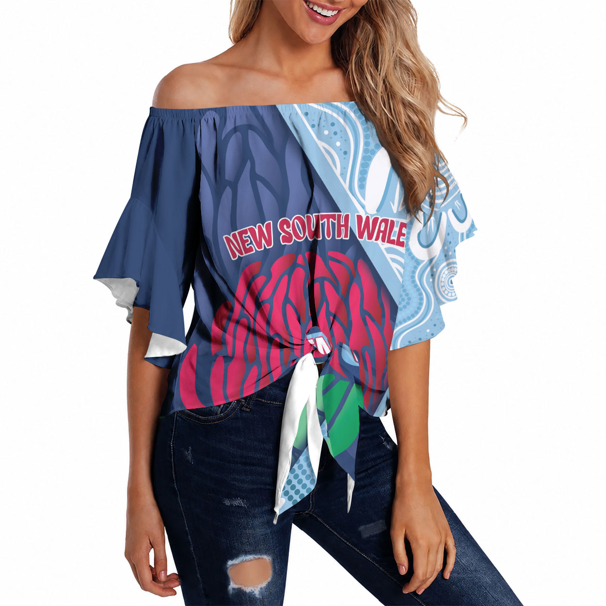 New South Wales Oztag Custom Off Shoulder Wrap Waist Top NSW Waratah Indigenous Art