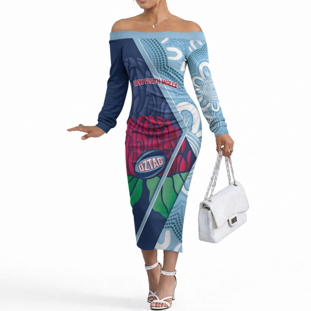 New South Wales Oztag Custom Off The Shoulder Long Sleeve Dress NSW Waratah Indigenous Art