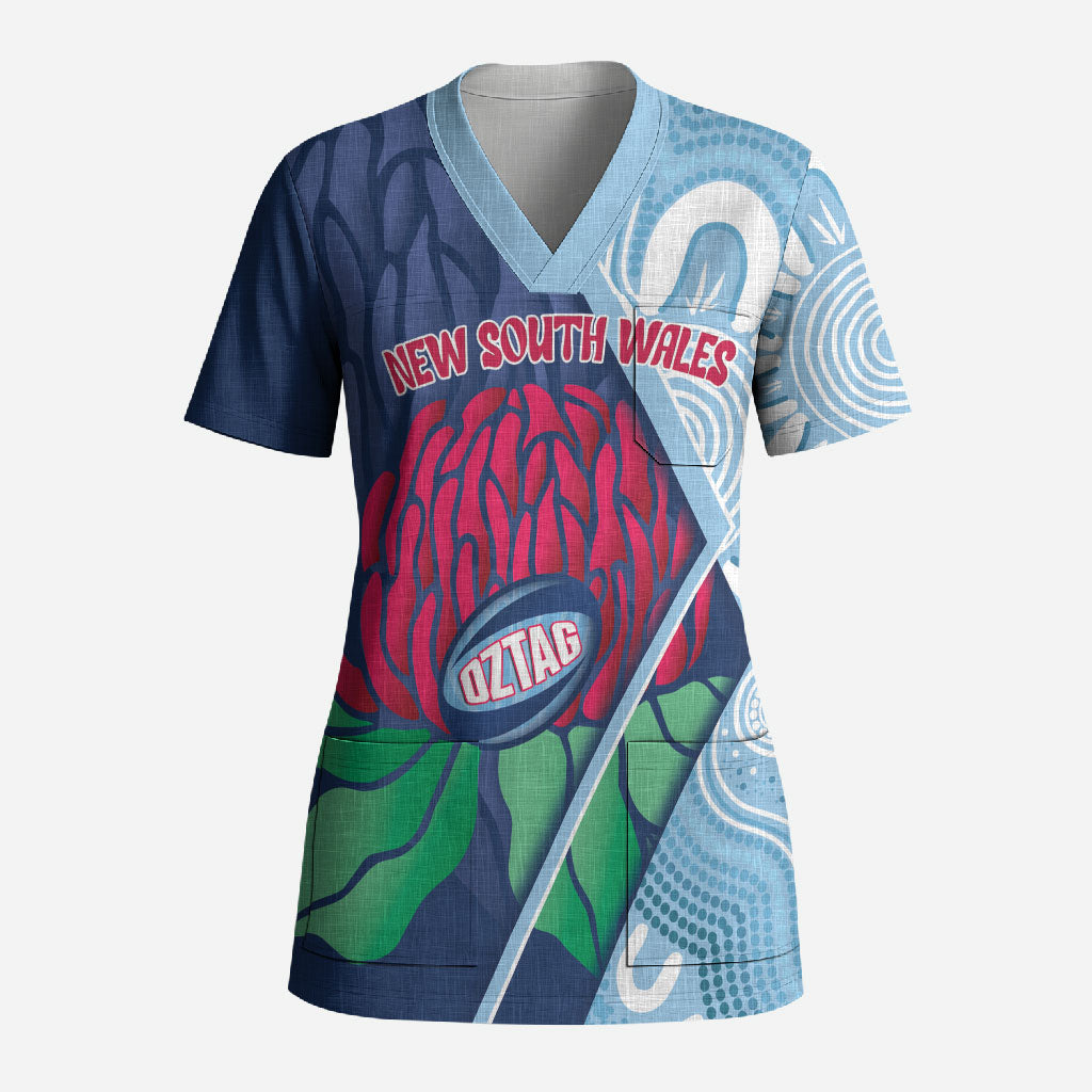 New South Wales Oztag Custom Scrub Top NSW Waratah Indigenous Art
