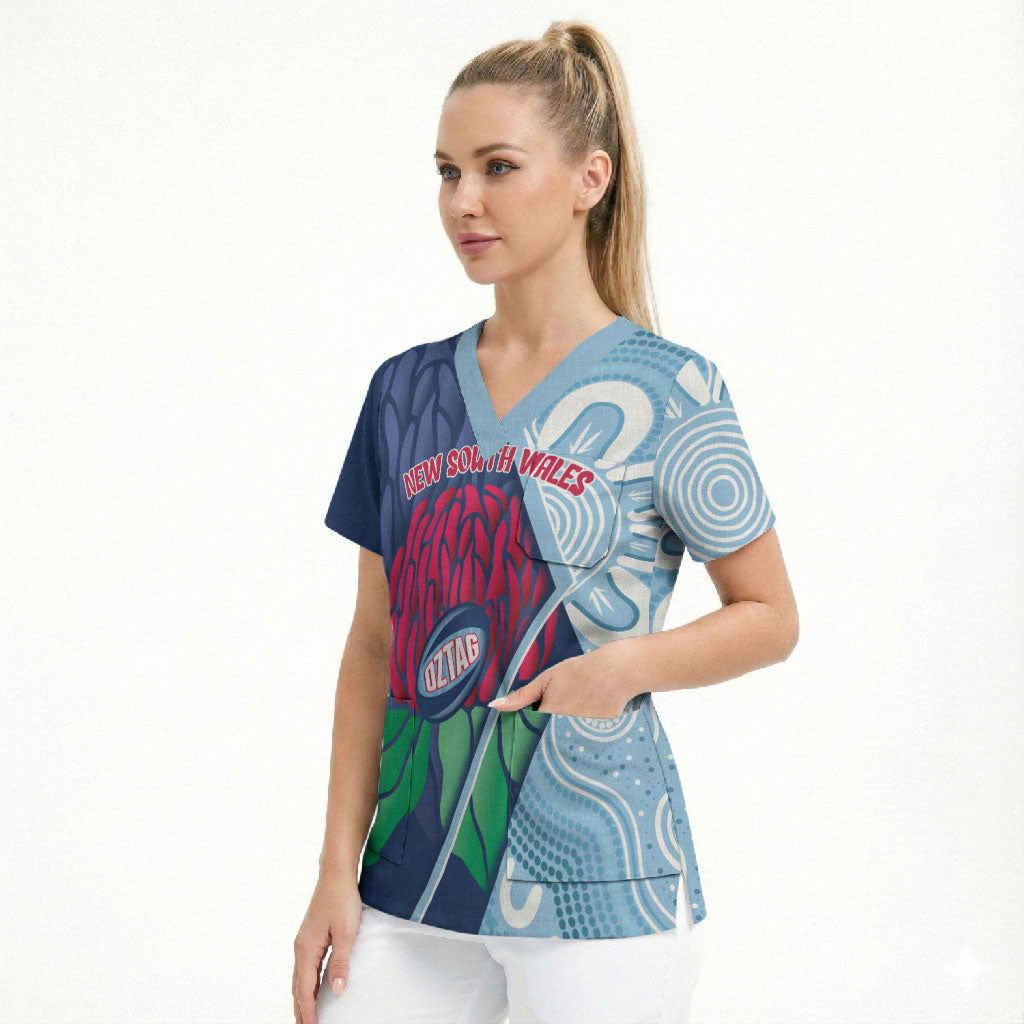 New South Wales Oztag Custom Scrub Top NSW Waratah Indigenous Art