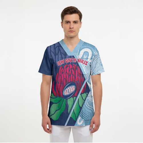 New South Wales Oztag Custom Scrub Top NSW Waratah Indigenous Art