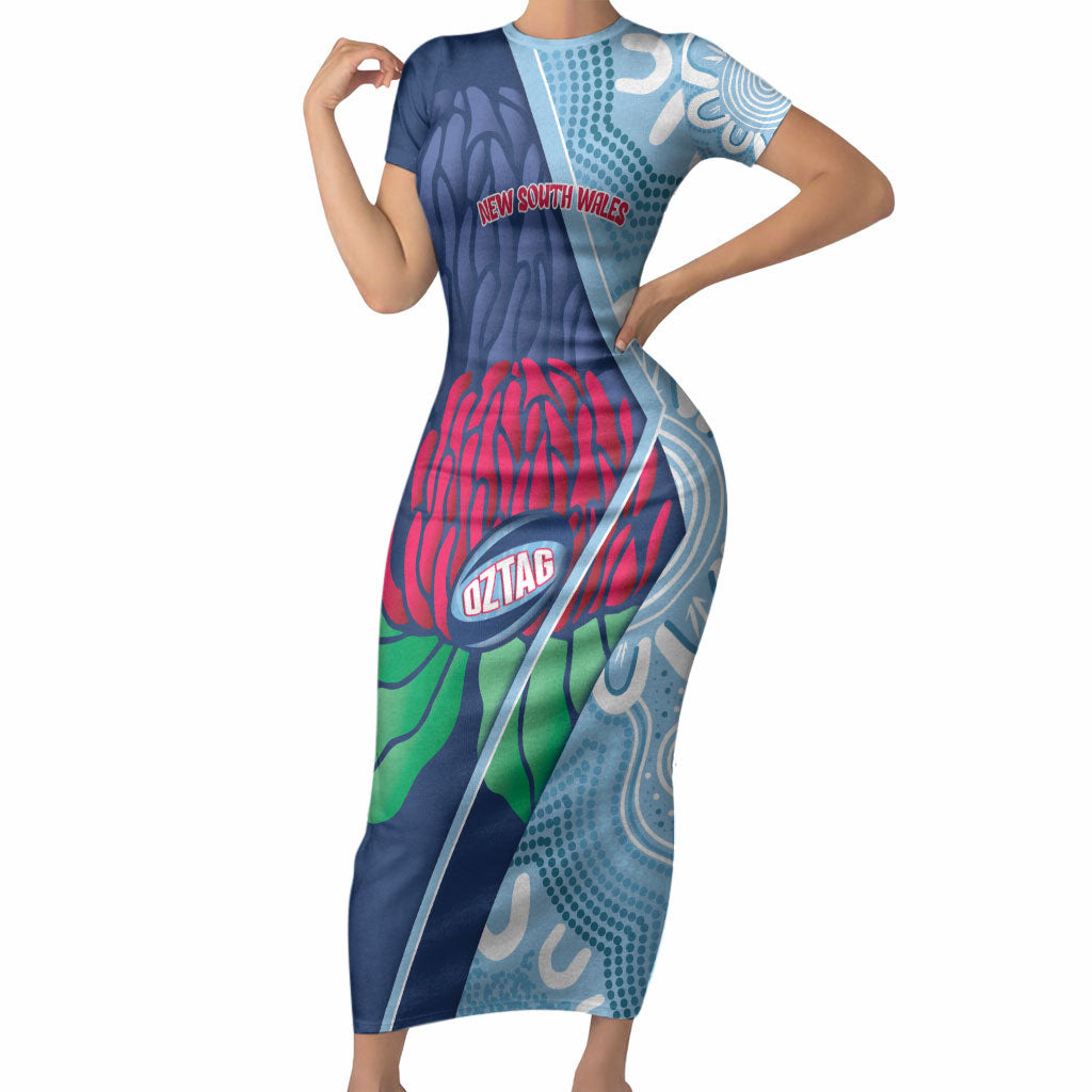 New South Wales Oztag Custom Short Sleeve Bodycon Dress NSW Waratah Indigenous Art
