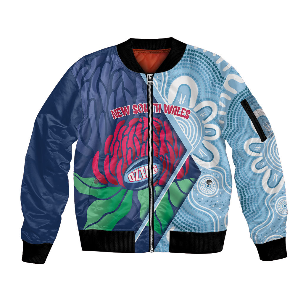New South Wales Oztag Custom Sleeve Zip Bomber Jacket NSW Waratah Indigenous Art