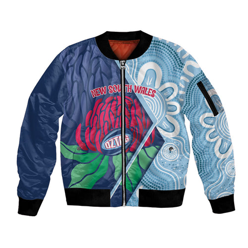 New South Wales Oztag Custom Sleeve Zip Bomber Jacket NSW Waratah Indigenous Art