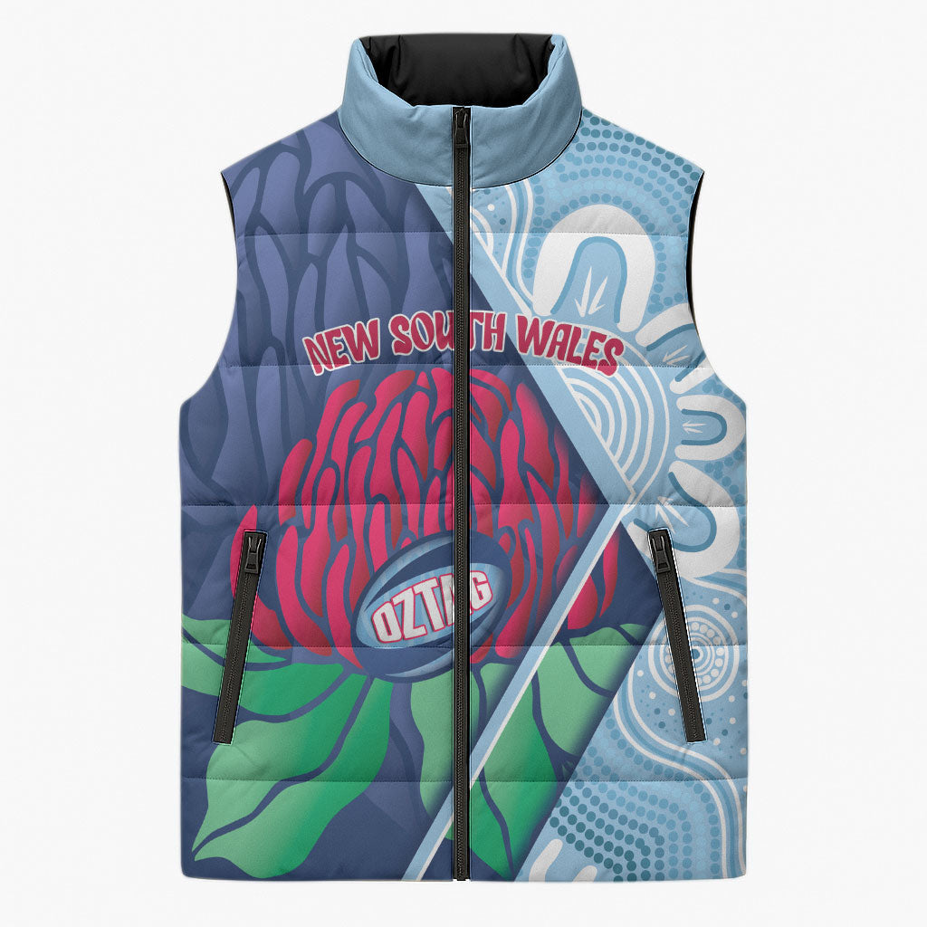 New South Wales Oztag Custom Sleeveless Puffer Jacket NSW Waratah Indigenous Art