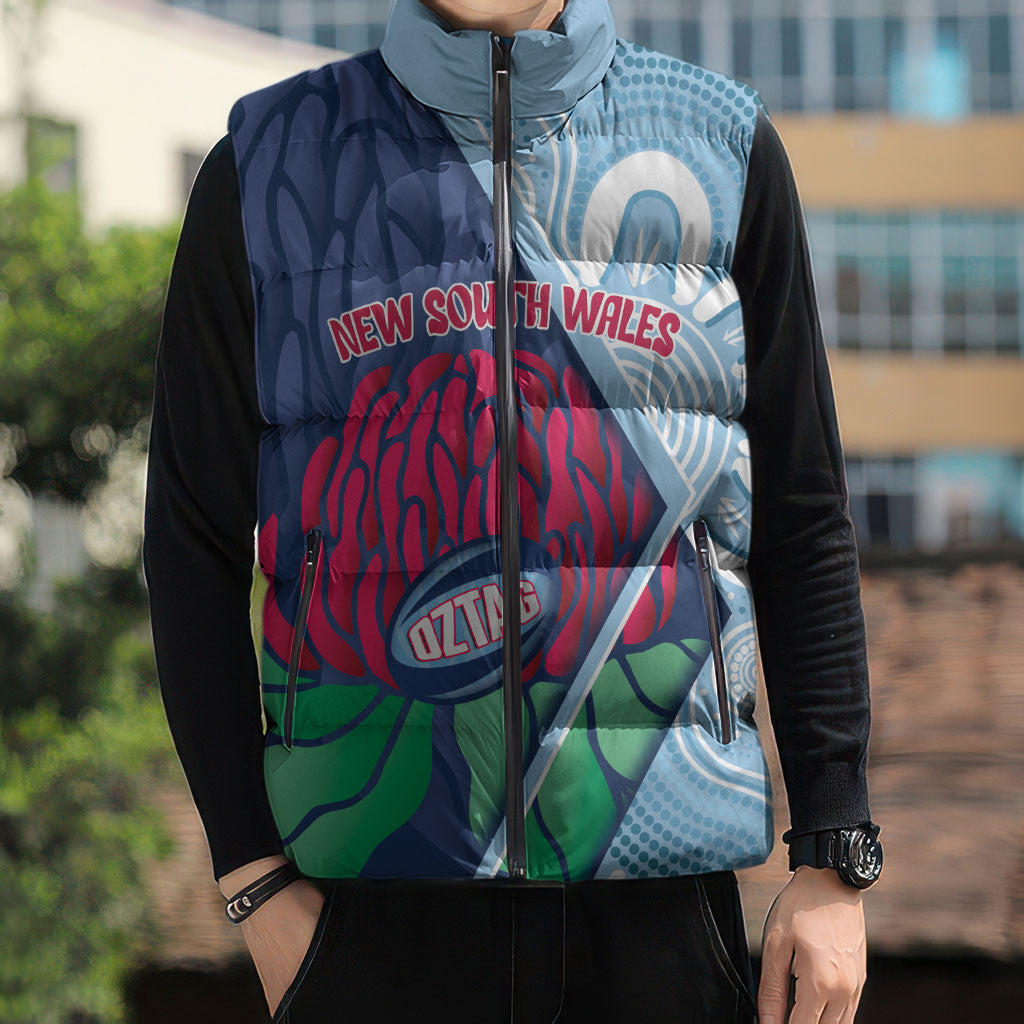 New South Wales Oztag Custom Sleeveless Puffer Jacket NSW Waratah Indigenous Art