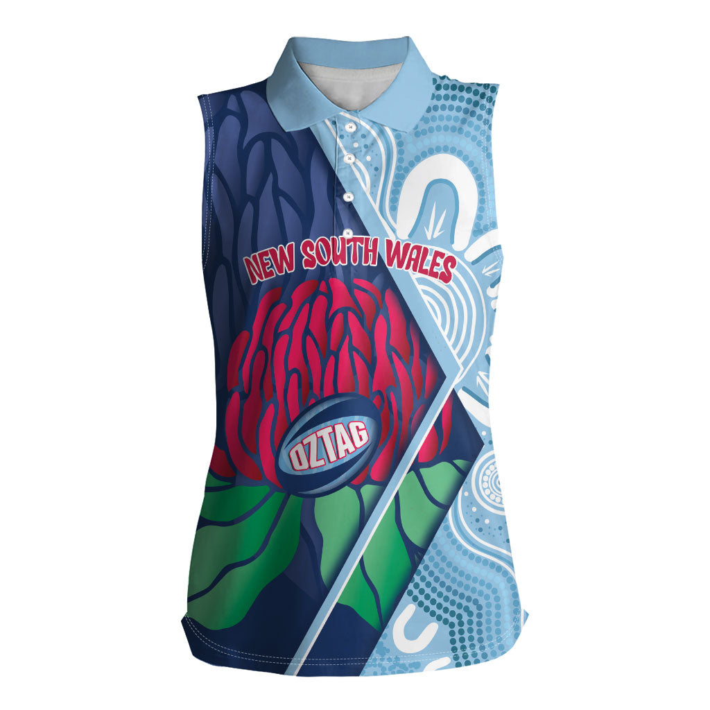 New South Wales Oztag Custom Women Sleeveless Polo Shirt NSW Waratah Indigenous Art