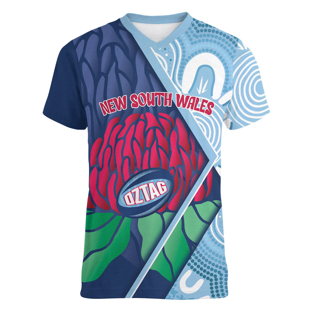 New South Wales Oztag Custom Women V-Neck T-Shirt NSW Waratah Indigenous Art