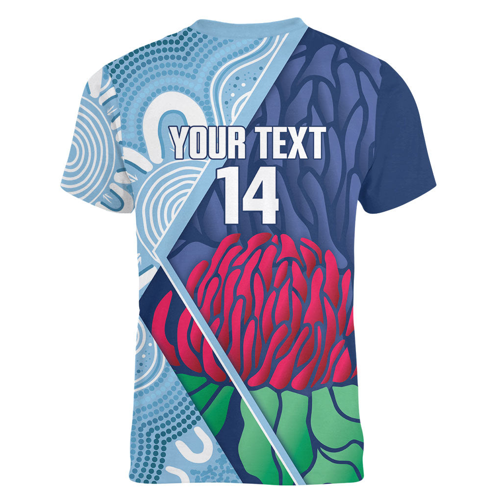 New South Wales Oztag Custom Women V-Neck T-Shirt NSW Waratah Indigenous Art