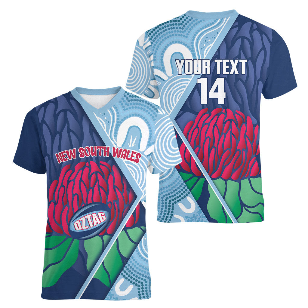 New South Wales Oztag Custom Women V-Neck T-Shirt NSW Waratah Indigenous Art