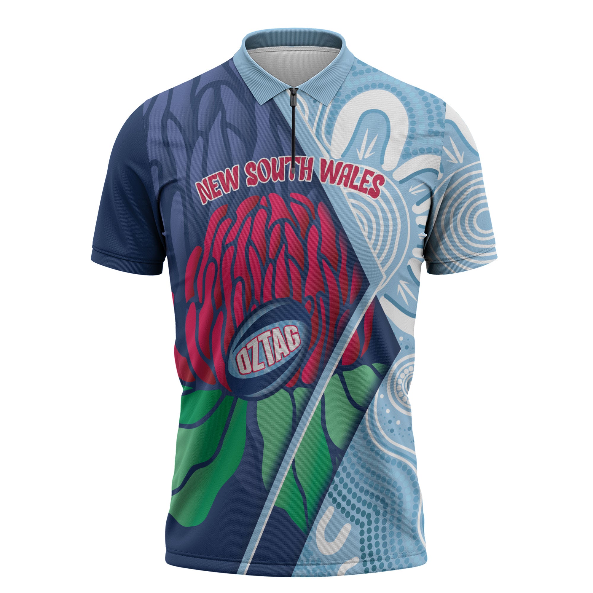 New South Wales Oztag Custom Zipper Polo Shirt NSW Waratah Indigenous Art