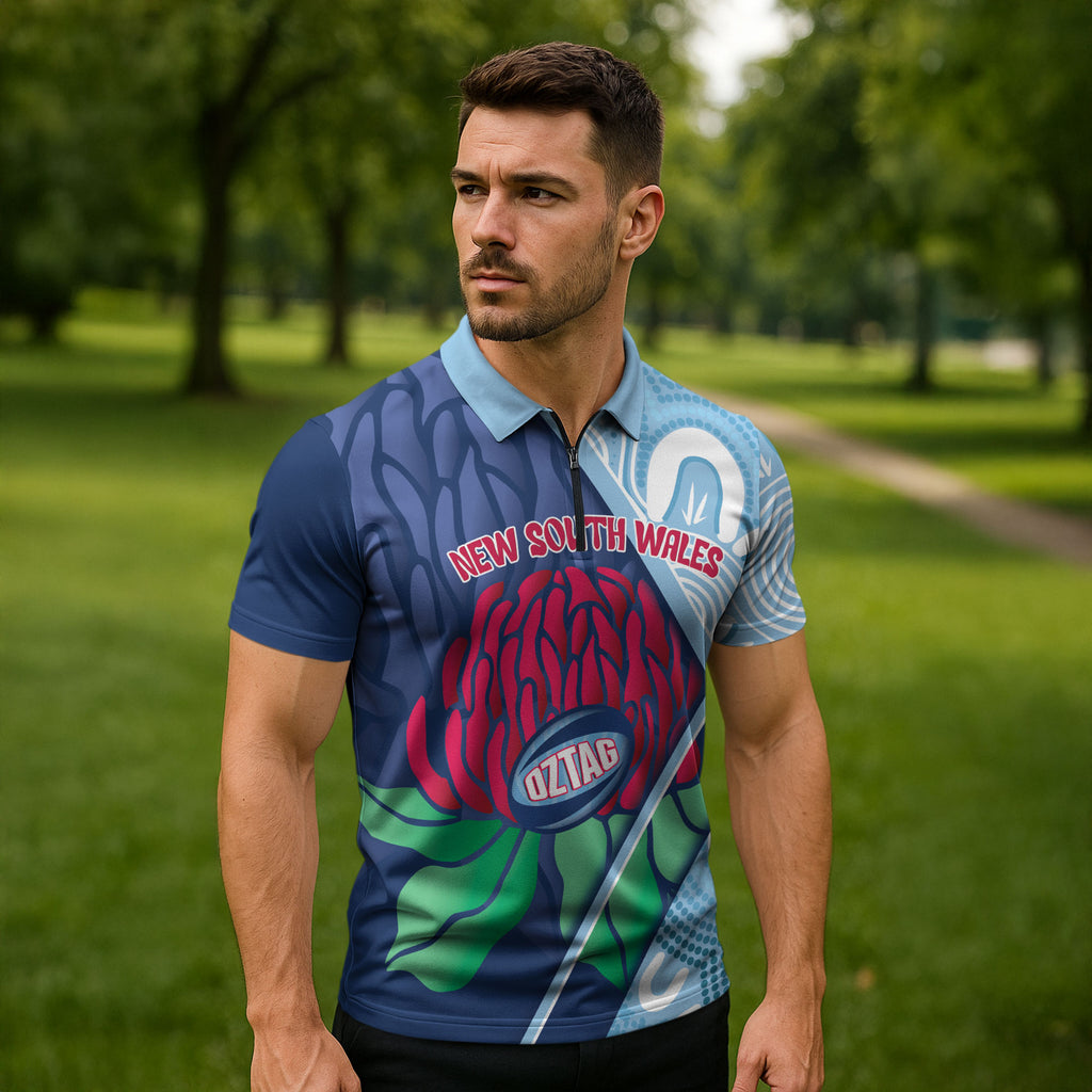 New South Wales Oztag Custom Zipper Polo Shirt NSW Waratah Indigenous Art