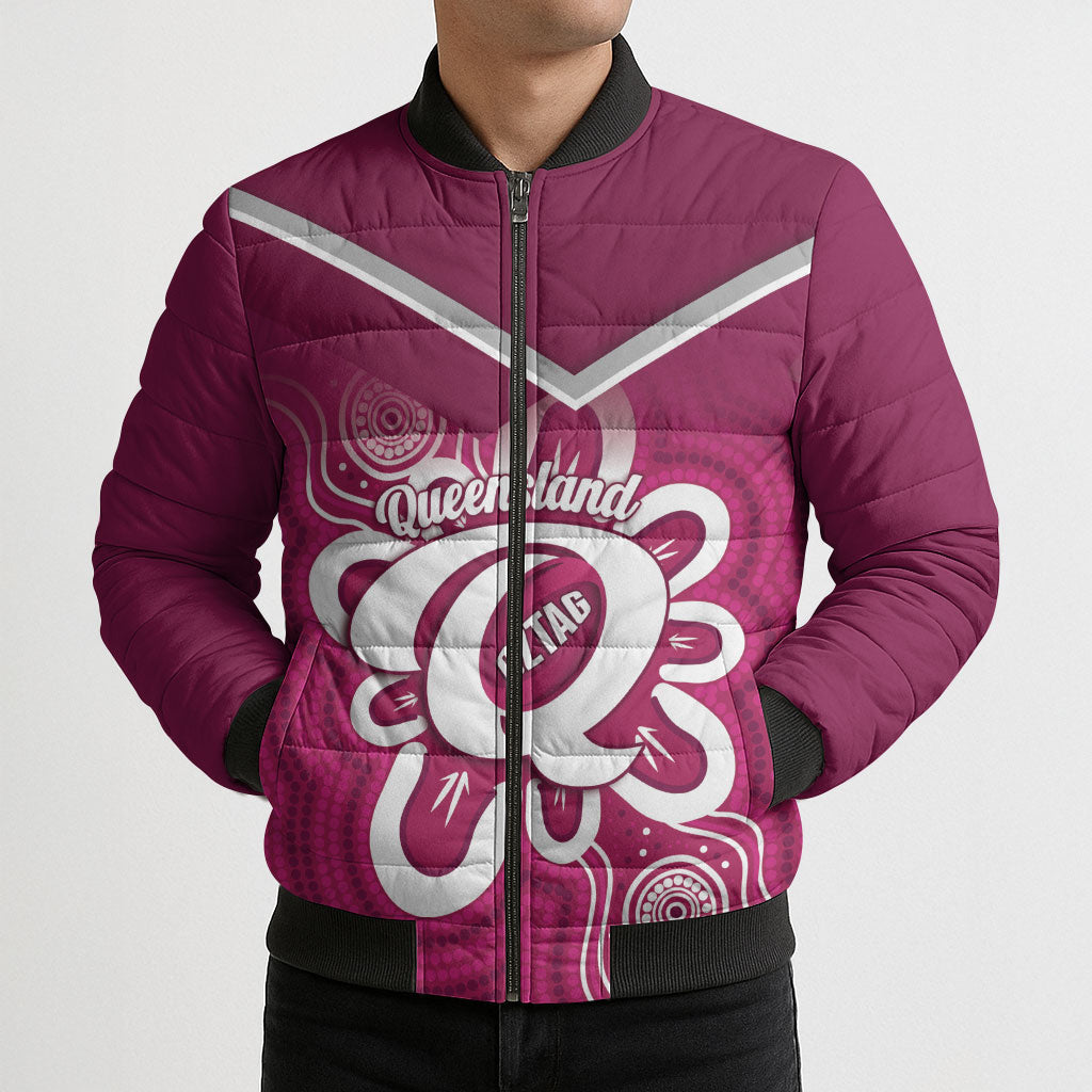 Queensland Oztag Custom Bomber Puffer Jacket QLD Indigenous Art